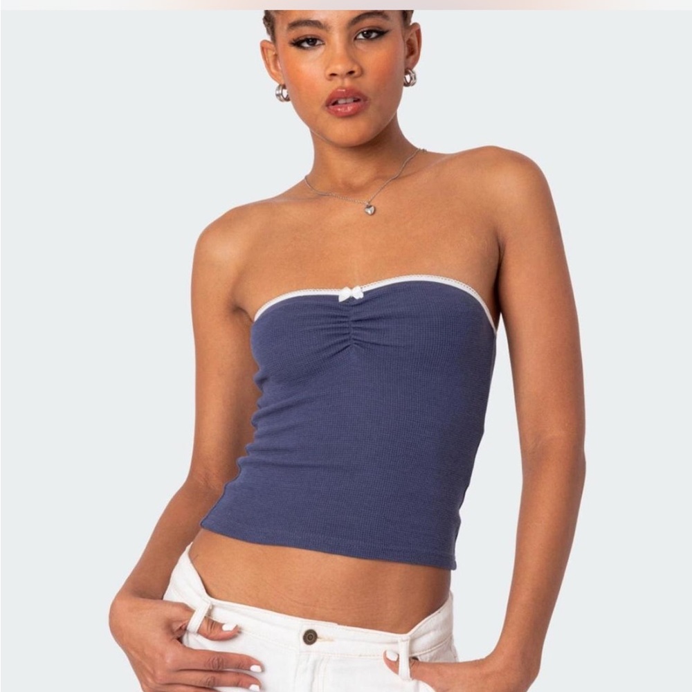 Edikted Navy Tube Top with Cream Trim